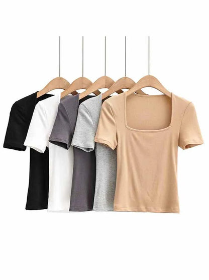2025 New Arrival Summer Girls Thin Sexy Solid Slim Low-Cut Square Neck Short-Sleeved Top