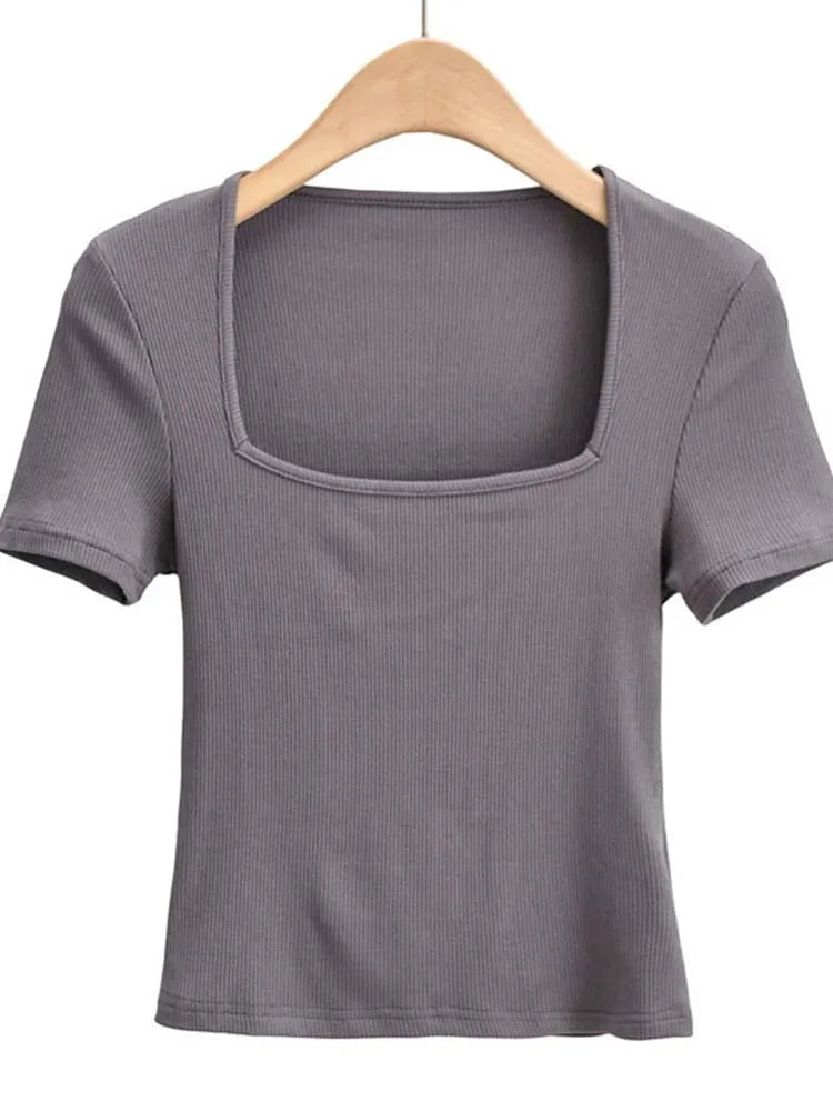 2025 New Arrival Summer Girls Thin Sexy Solid Slim Low-Cut Square Neck Short-Sleeved Top