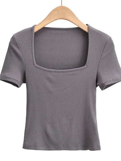 2025 New Arrival Summer Girls Thin Sexy Solid Slim Low-Cut Square Neck Short-Sleeved Top