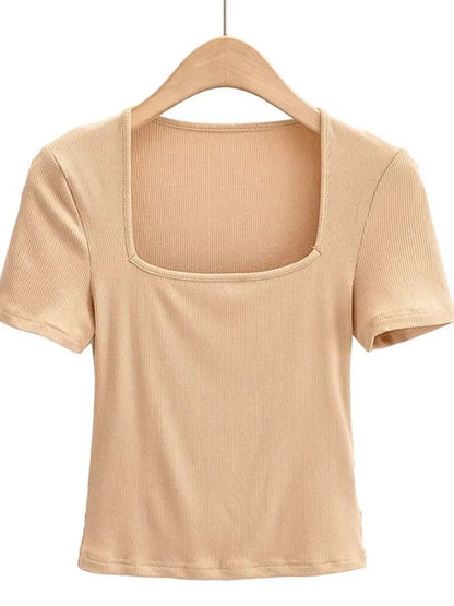 2025 New Arrival Summer Girls Thin Sexy Solid Slim Low-Cut Square Neck Short-Sleeved Top