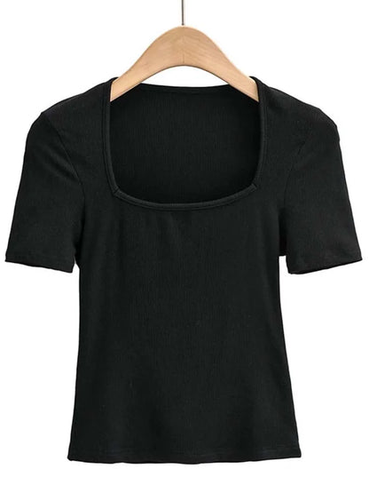 2025 New Arrival Summer Girls Thin Sexy Solid Slim Low-Cut Square Neck Short-Sleeved Top