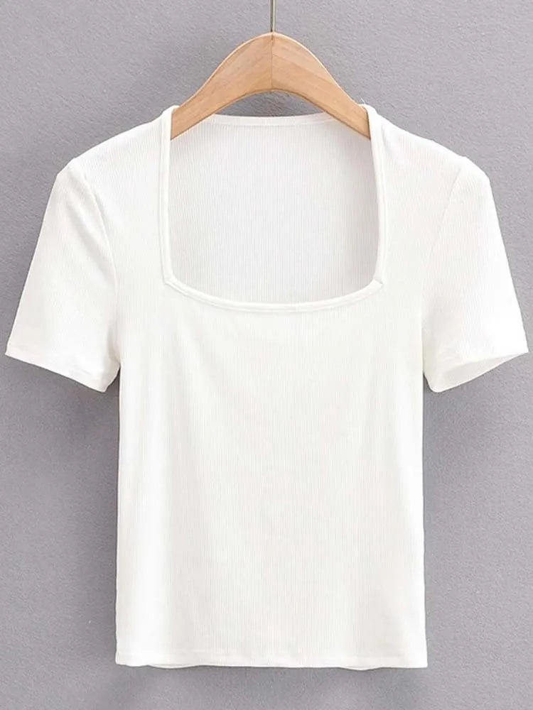 2025 New Arrival Summer Girls Thin Sexy Solid Slim Low-Cut Square Neck Short-Sleeved Top