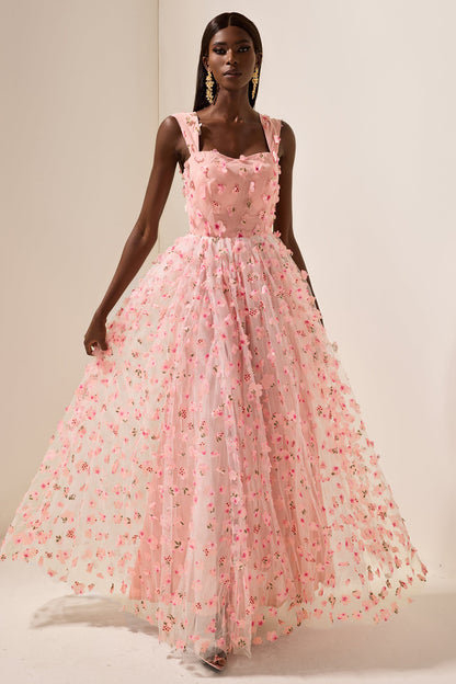 3D Floral Mesh Sleeveless Maxi Dress