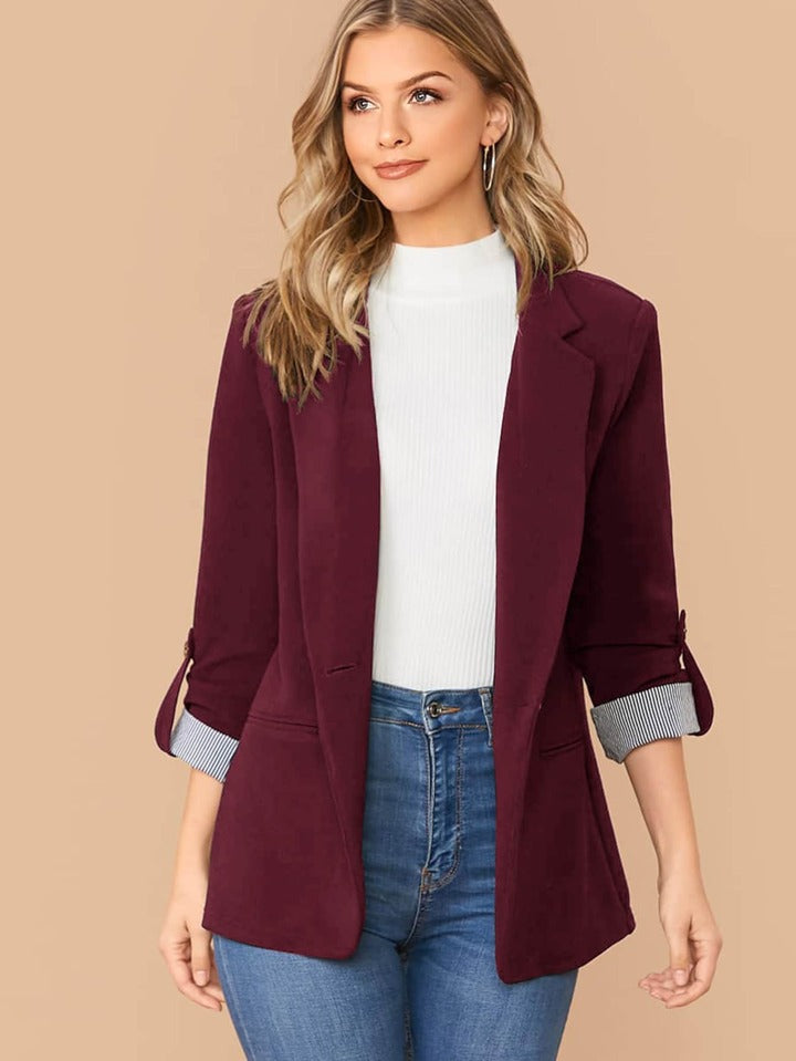 Lapel Notch Collar Roll Tab Sleeve Blazer