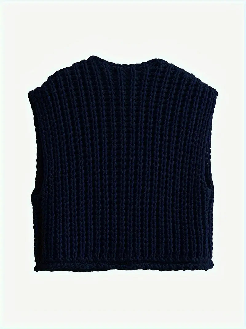 Pocket Sleeveless Short Knitted Cardigan Vest