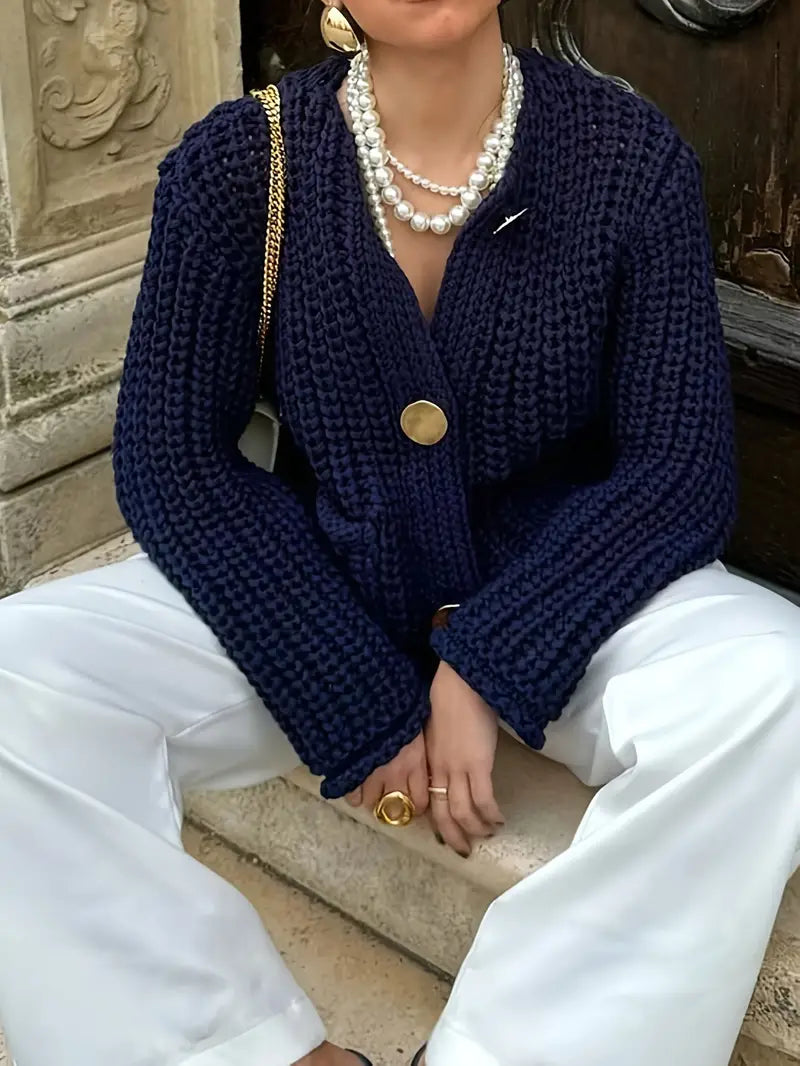Navy Blue Elegant Hollow Cardigan