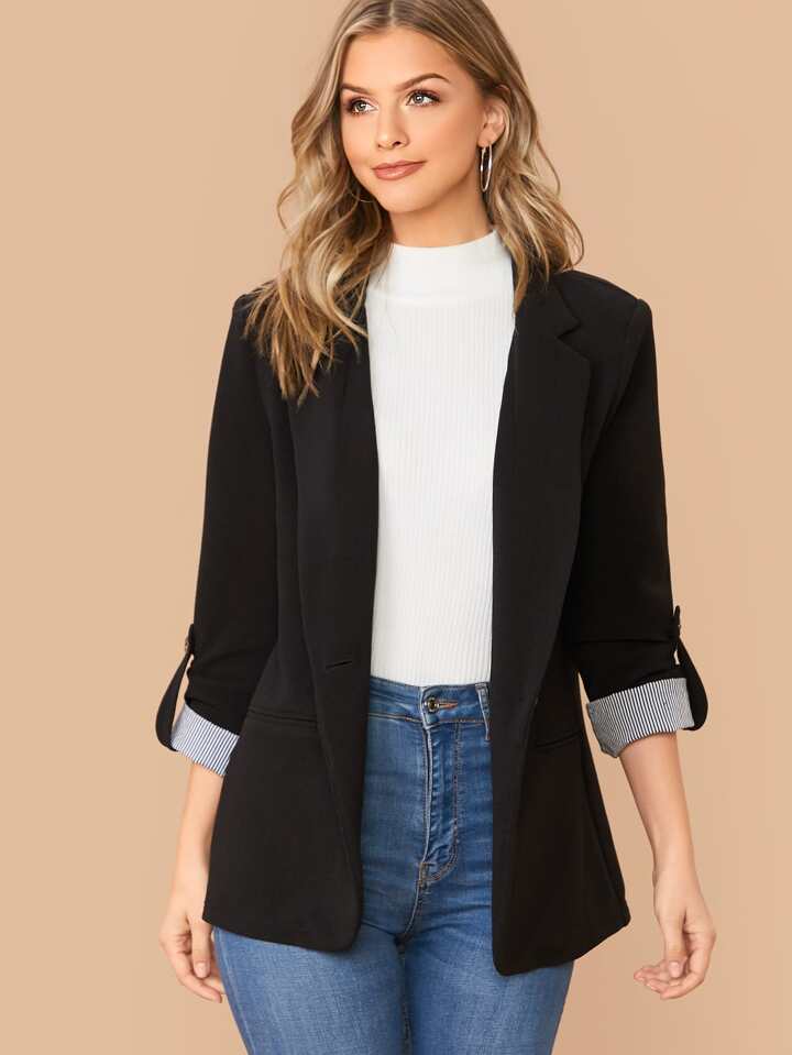 Lapel Notch Collar Roll Tab Sleeve Blazer