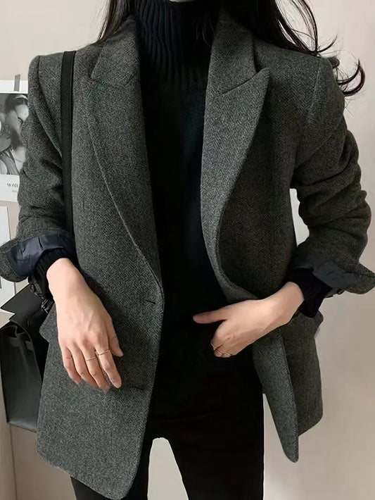Chic Retro Herringbone Fleece-Blend Blazer