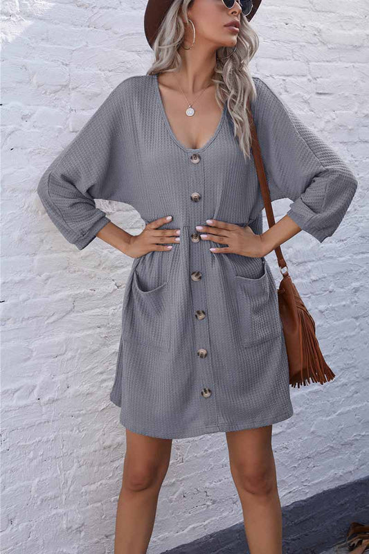 V-Neck Buttoned Loose Knit Hem Mini Dresses