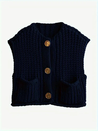 Pocket Sleeveless Short Knitted Cardigan Vest