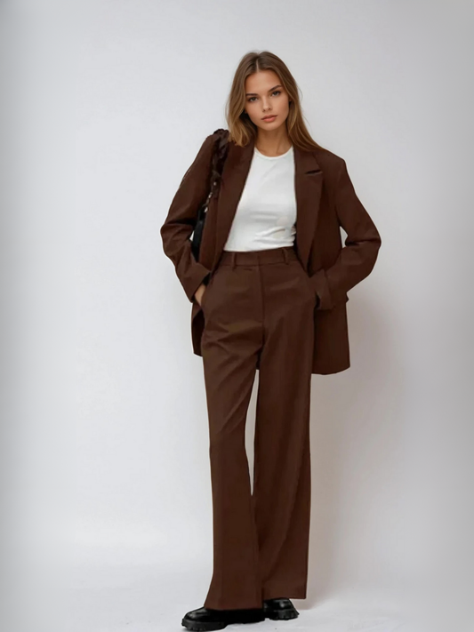 Mocha Vintage Blazer & Wide-leg Pants Matching Set