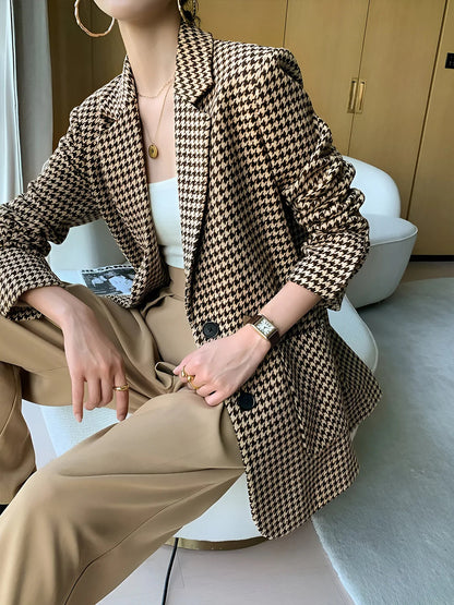 Elegant Style Houndstooth Split Blazer With Belt