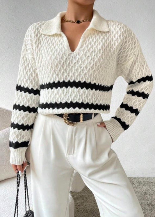 Polo Collar Textured Pullover – Elegant Striped Knitwear
