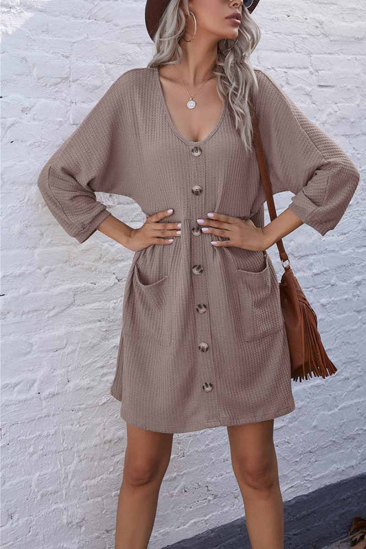 V-Neck Buttoned Loose Knit Hem Mini Dresses
