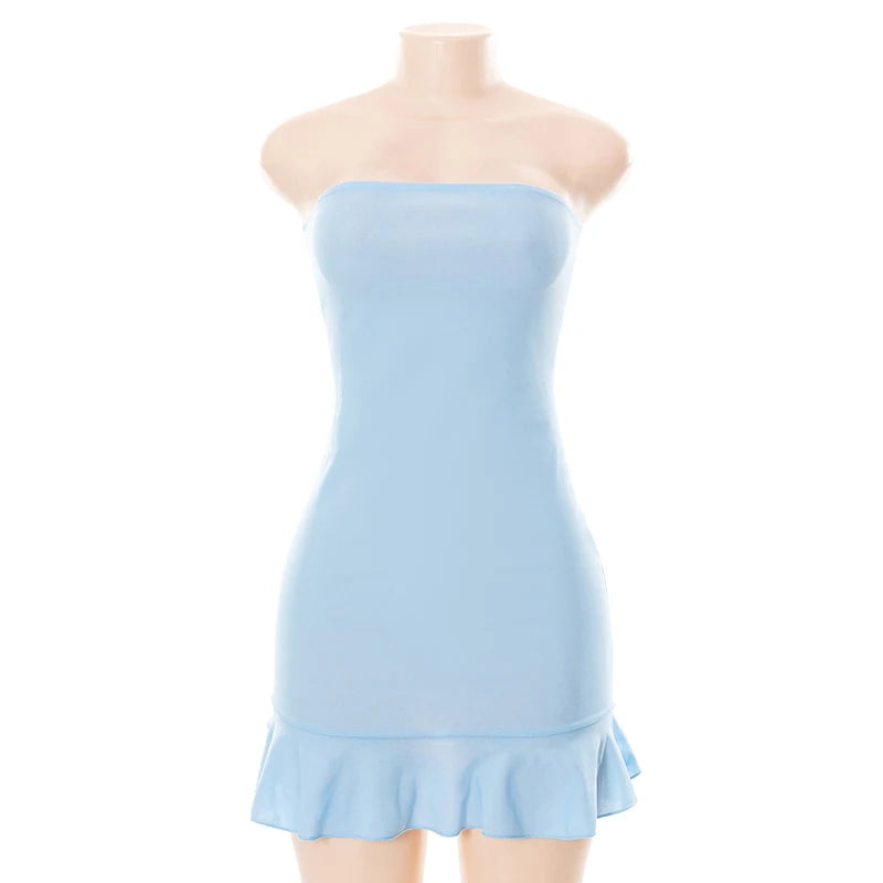 Women Soft Tender Slight Blue Strapless Wrap Hipster Mini Pleated Dress &#8211; Sexy Charm Outfits Girls Dating Wear