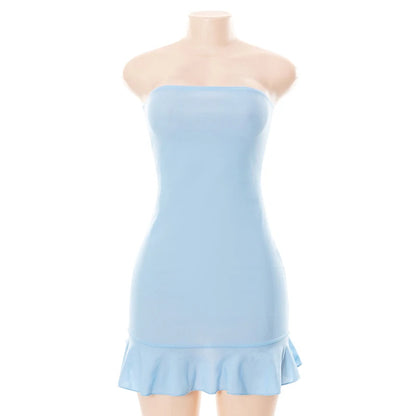 Women Soft Tender Slight Blue Strapless Wrap Hipster Mini Pleated Dress &#8211; Sexy Charm Outfits Girls Dating Wear
