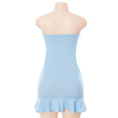 Women Soft Tender Slight Blue Strapless Wrap Hipster Mini Pleated Dress &#8211; Sexy Charm Outfits Girls Dating Wear