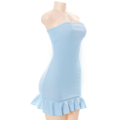 Women Soft Tender Slight Blue Strapless Wrap Hipster Mini Pleated Dress &#8211; Sexy Charm Outfits Girls Dating Wear