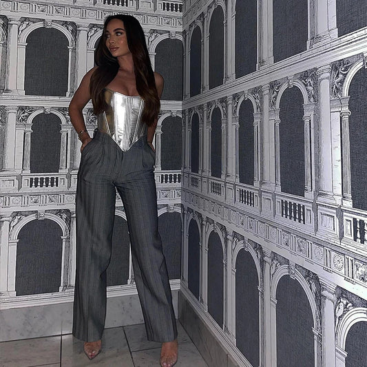 Women&#8217;s Metallic Vest Top Sexy Slim Undercoat Corset Bottoming Shirt Waist Bandage Hot Girls Streetwear Spring 2025
