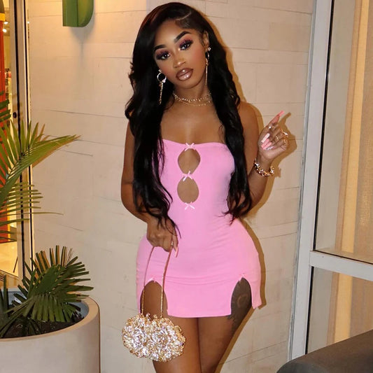 Y2K Sexy Mini Dress Women Summer Hottie Hollow Out Strapless Solid Color Pullover Dresses Streetwear 2025 Women Clothing