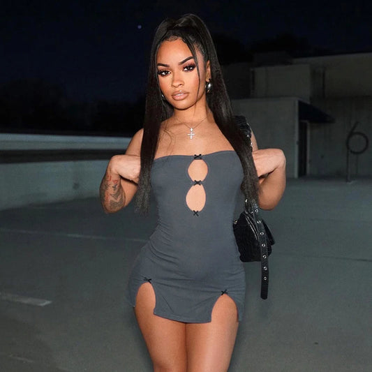 Y2K Sexy Mini Dress Women Summer Hottie Hollow Out Strapless Solid Color Pullover Dresses Streetwear 2025 Women Clothing