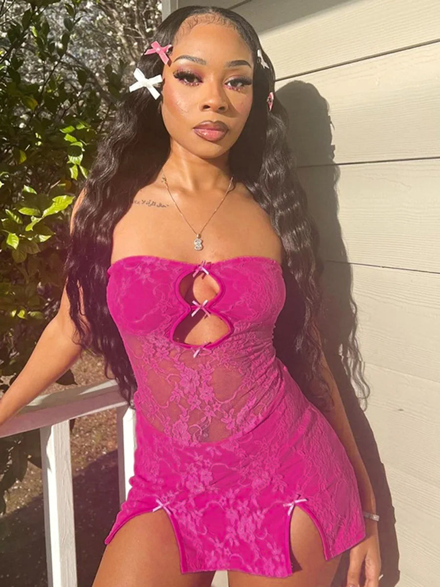 Y2K Sexy Mini Dress Women Summer Hottie Hollow Out Strapless Solid Color Pullover Dresses Streetwear 2025 Women Clothing