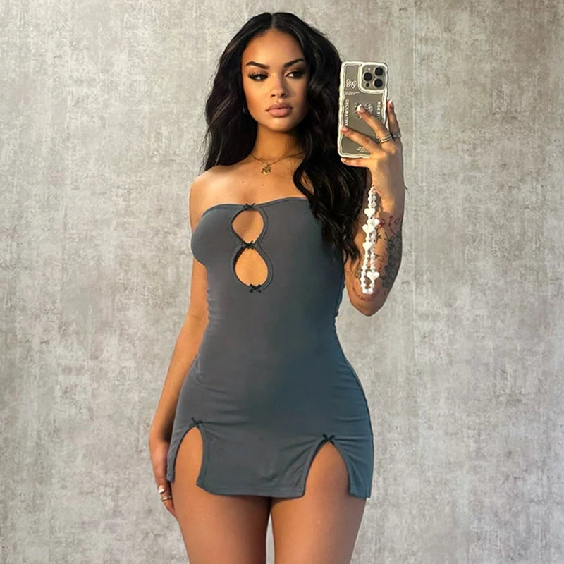Y2K Sexy Mini Dress Women Summer Hottie Hollow Out Strapless Solid Color Pullover Dresses Streetwear 2025 Women Clothing