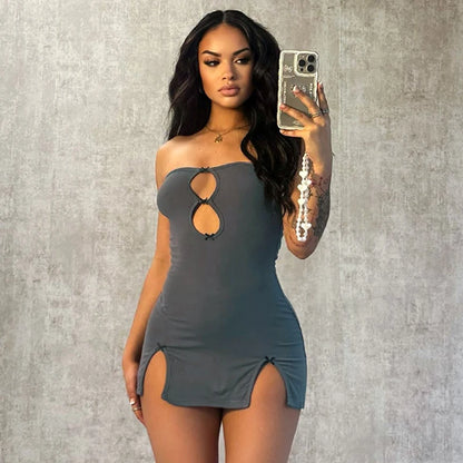 Y2K Sexy Mini Dress Women Summer Hottie Hollow Out Strapless Solid Color Pullover Dresses Streetwear 2025 Women Clothing