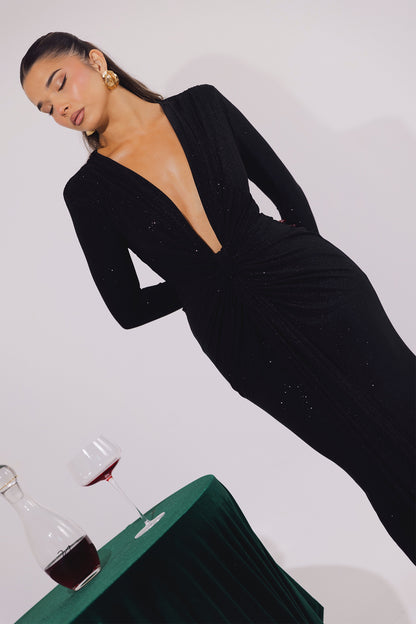 Beverly Deep V-Neck Ruched Maxi Dress