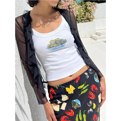 Cartoon Print O-Neck Crop Top