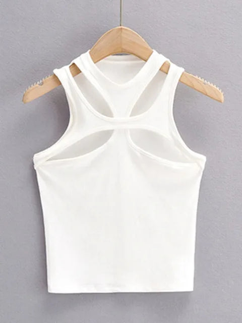 Girls New Asymmetrical Hollow Solid Color Knitted Round Neck Short-sleeved Summer Sexy Vest on The Chest
