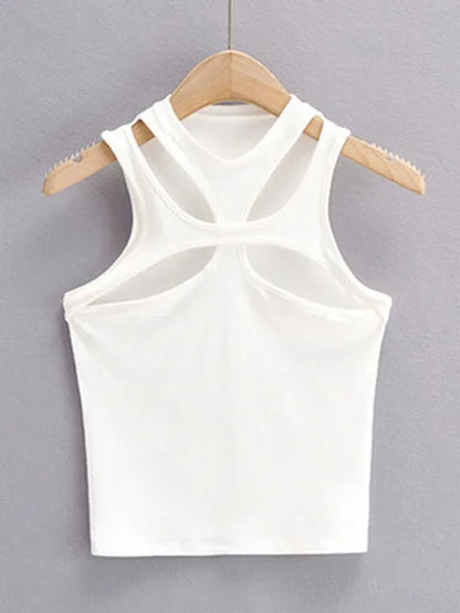 Girls New Asymmetrical Hollow Solid Color Knitted Round Neck Short-sleeved Summer Sexy Vest on The Chest