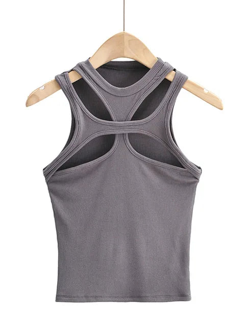 Girls New Asymmetrical Hollow Solid Color Knitted Round Neck Short-sleeved Summer Sexy Vest on The Chest