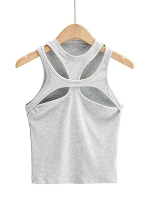 Girls New Asymmetrical Hollow Solid Color Knitted Round Neck Short-sleeved Summer Sexy Vest on The Chest