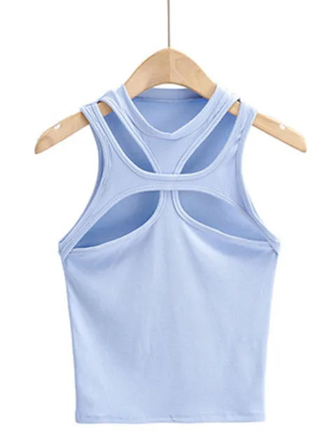Girls New Asymmetrical Hollow Solid Color Knitted Round Neck Short-sleeved Summer Sexy Vest on The Chest