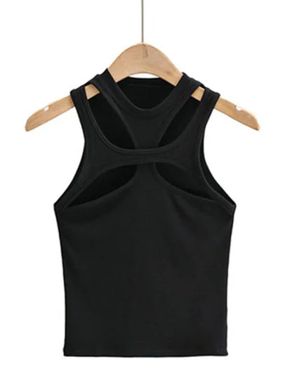Girls New Asymmetrical Hollow Solid Color Knitted Round Neck Short-sleeved Summer Sexy Vest on The Chest