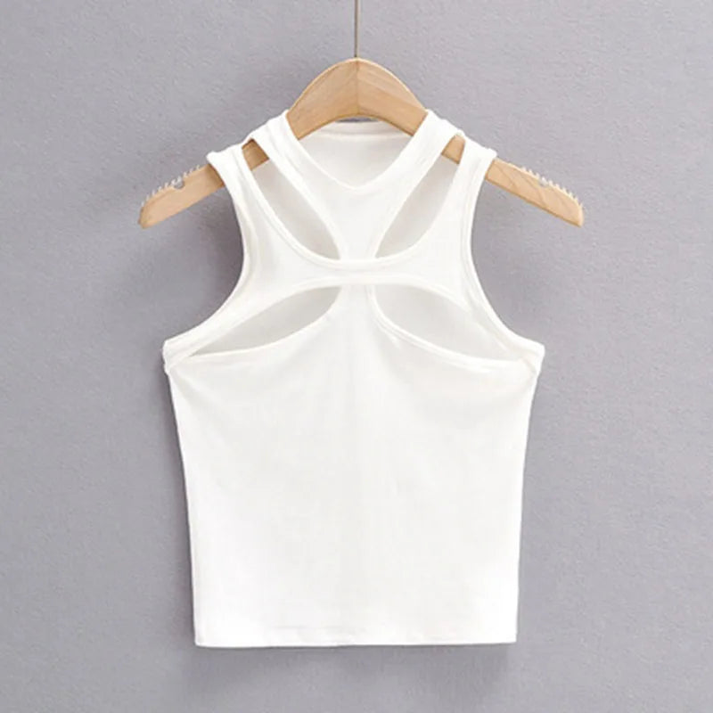 Girls New Asymmetrical Hollow Solid Color Knitted Round Neck Short-sleeved Summer Sexy Vest on The Chest