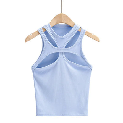 Girls New Asymmetrical Hollow Solid Color Knitted Round Neck Short-sleeved Summer Sexy Vest on The Chest