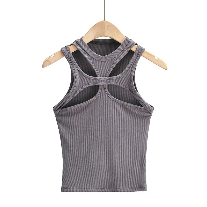 Girls New Asymmetrical Hollow Solid Color Knitted Round Neck Short-sleeved Summer Sexy Vest on The Chest