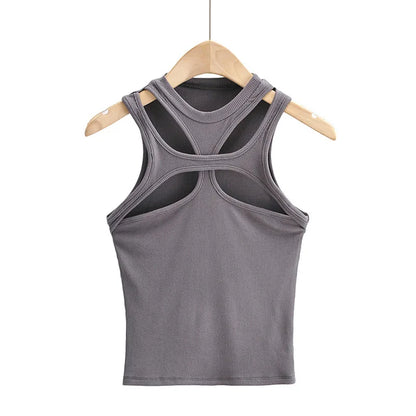 Girls New Asymmetrical Hollow Solid Color Knitted Round Neck Short-sleeved Summer Sexy Vest on The Chest