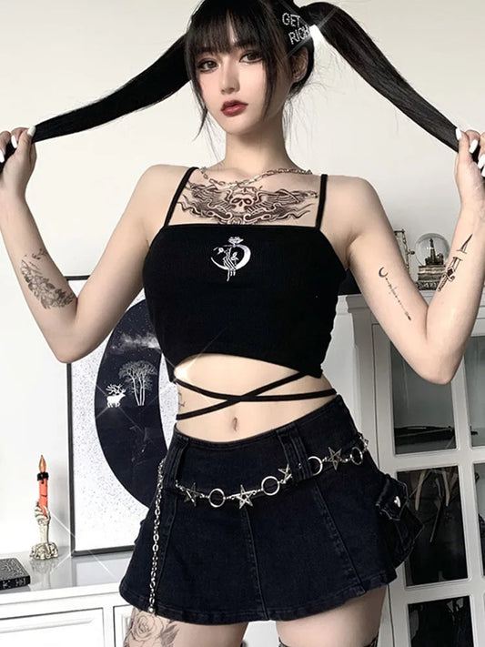 Gothic Women&#8217;s Print Suspender Sleeveless Square Neck Slim Crop Top Sexy Halter Bottoming Shirt 2025 Girls Party Wear