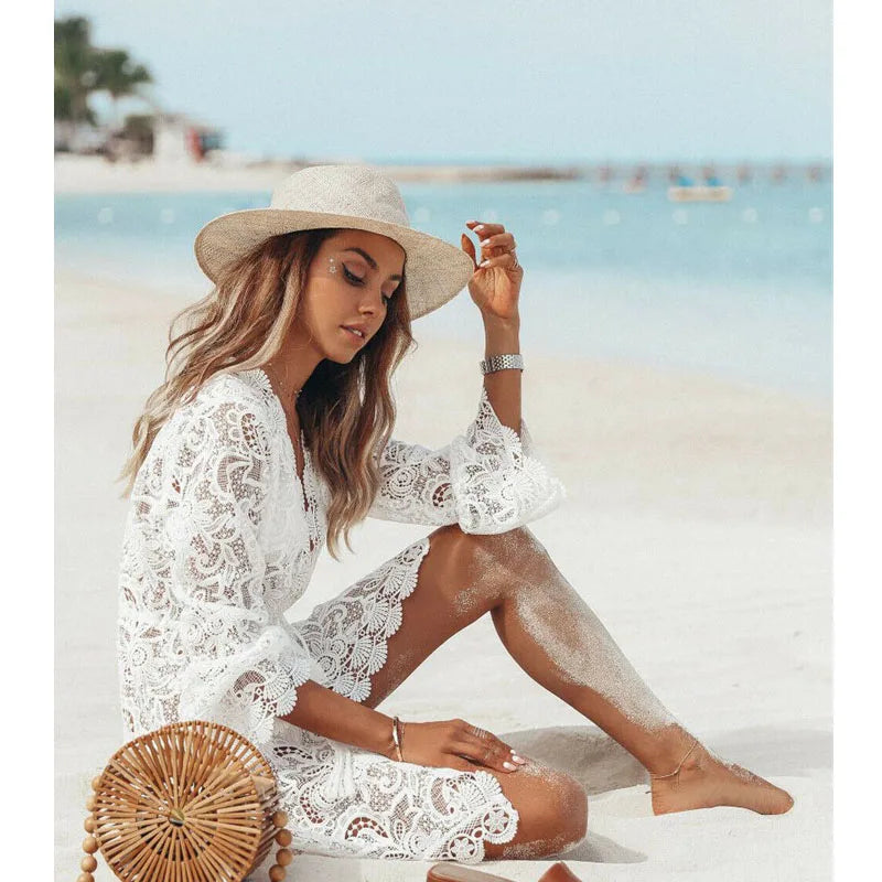 Summer Lace Croche Dress Women Sexy Crochet Bikini Cover Up Floral Ladies Bathing Swimwear Beach Suit Woman Beachwear