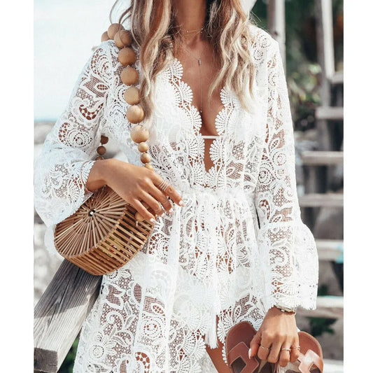 Summer Lace Croche Dress Women Sexy Crochet Bikini Cover Up Floral Ladies Bathing Swimwear Beach Suit Woman Beachwear