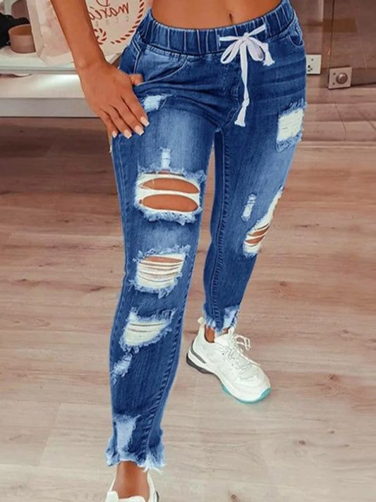 High Stretchy Distressed Ripped Raw Edges Hem Jeans &#8211; Zipper Fly Solid Holes Fashion Denim Streetwears