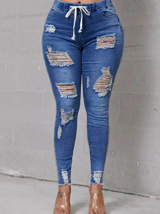 High Stretchy Distressed Ripped Raw Edges Hem Jeans &#8211; Zipper Fly Solid Holes Fashion Denim Streetwears