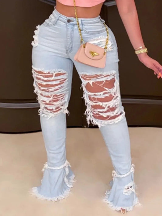 Plus Size Ripped Flared High Stretchy Streetwear Straight Pants Wide Leg Summer Jeans