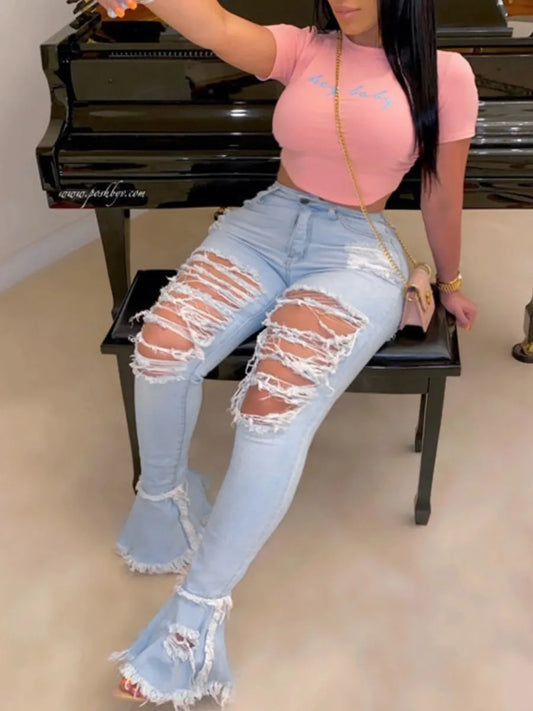 Plus Size Ripped Flared High Stretchy Streetwear Straight Pants Wide Leg Summer Jeans