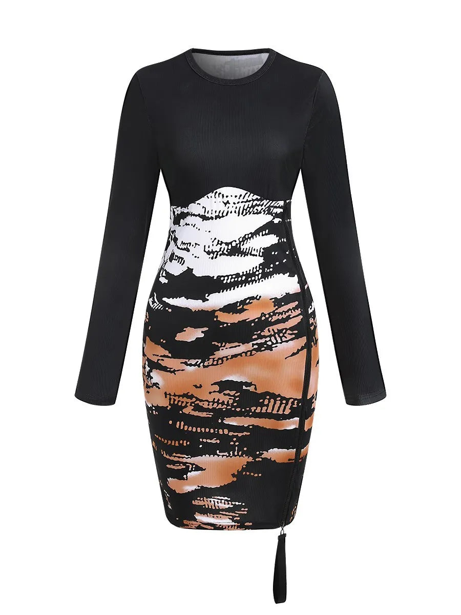 Women&#8217;s Summer Tie-Dye Rib-Knit Zipper Bodycon Dress &#8211; Sexy Round Neck Pencil Party Mini Dress Vestido