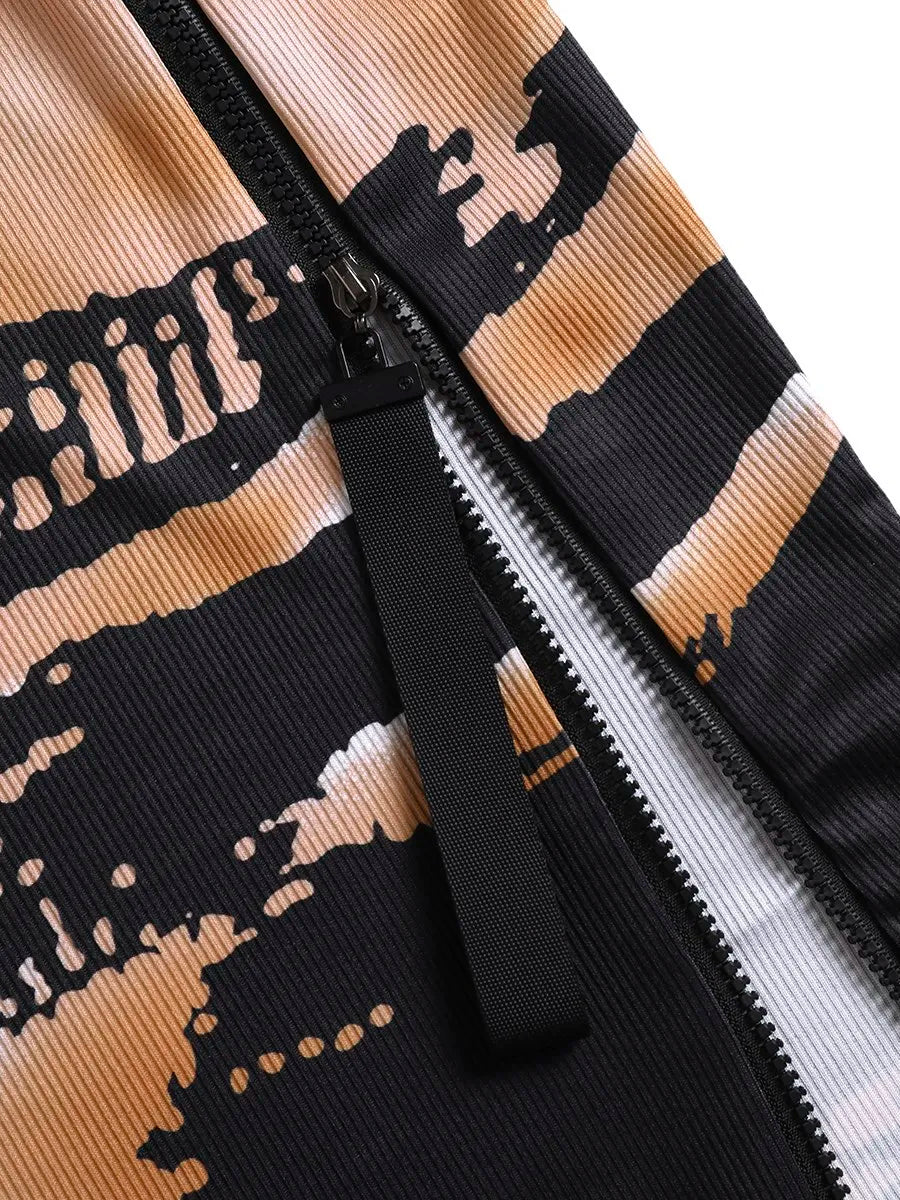 Women&#8217;s Summer Tie-Dye Rib-Knit Zipper Bodycon Dress &#8211; Sexy Round Neck Pencil Party Mini Dress Vestido