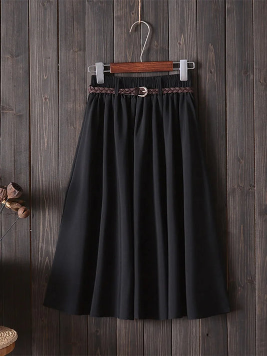 Midi Knee Length Summer Skirt Women With Belt 2025 Fashion Korean Ladies High Waist Pleated A-line School Skirt Female